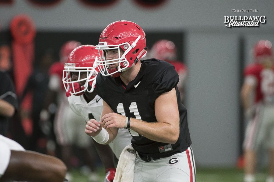 QB Jake Fromm (11) awaits the snap from center Lamont Gaillard during UGA's practice on Wednesday - September 6, 2017 -