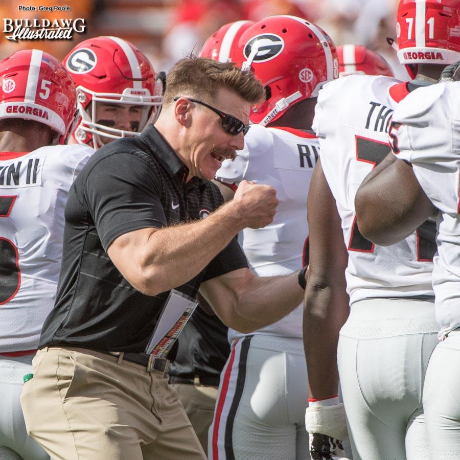 Asst. S&C Coach Aaron Feld celebrating with the team during the first half  of the Georgia-Tennessee game. – Saturday, Sept. 30, 2017 – – Bulldawg  Illustrated