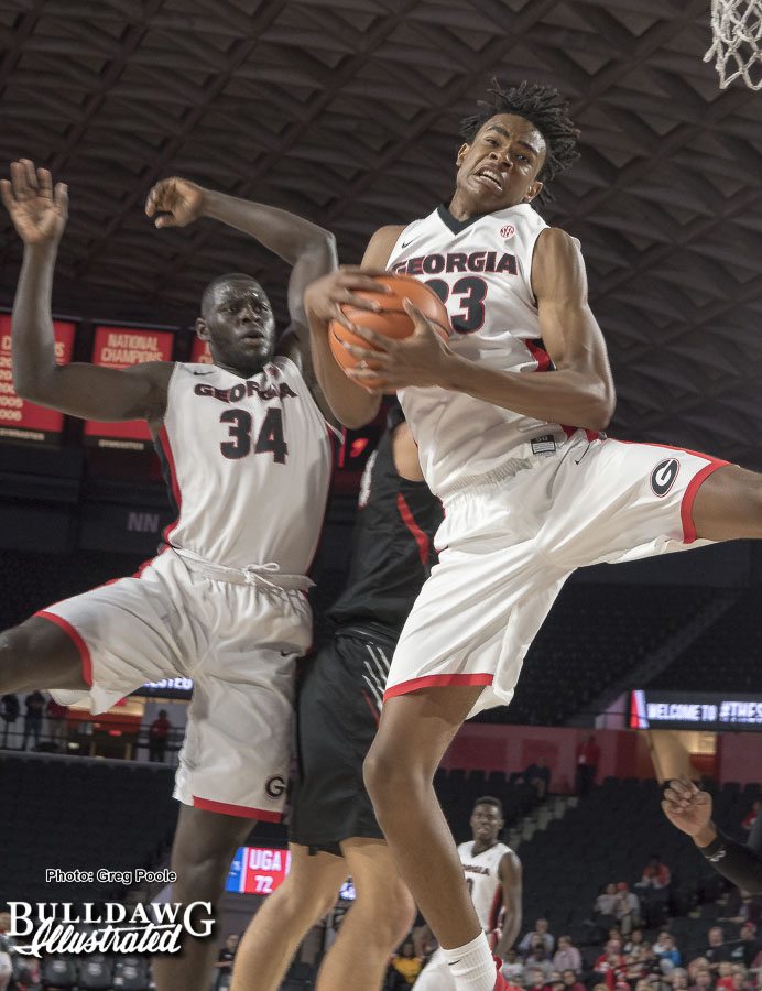 UGA's Derek Ogbeide (34) and Nicolas Claxton (33) fight for the rebound - Georgia vs. Valdosta State - Thursday, Nov. 2, 2017