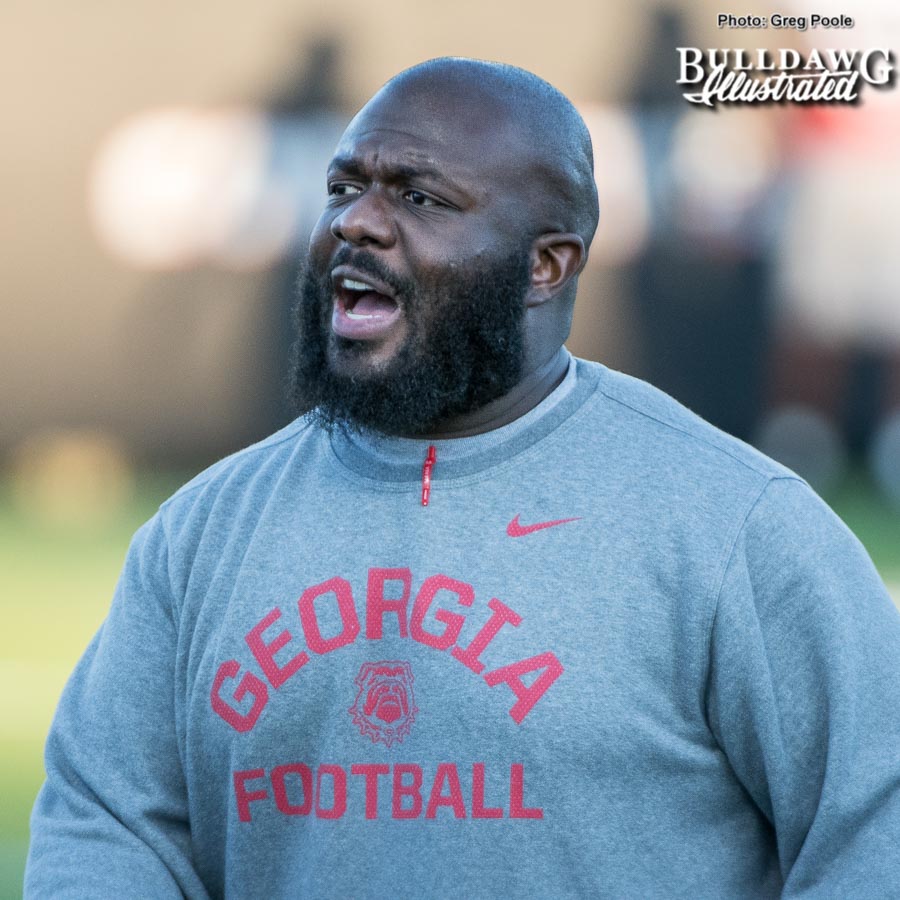 Tray Scott preaching fundamentals to his lineman during Georgia's Monday afternoon practice.
