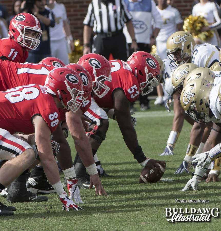 Georgia dominated the day in the trenches versus Georgia Tech, defeating the Yellow Jackets 38-7 in the 112th meeting of Clean Old-Fashioned Hate on Saturday, Nov. 25, 2017 in Atlanta at Bobby Dodd Stadium.