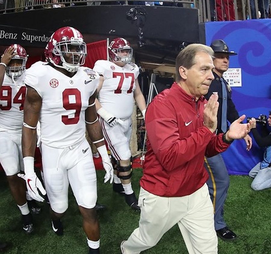 Alabama head coach Nick Saban leads the Crimson Tide out of the tunnel for the 2018 Sugar Bowl, Monday, Jan. 1, 2018. (Photo by Crimson Tide Photos / UA Athletics)