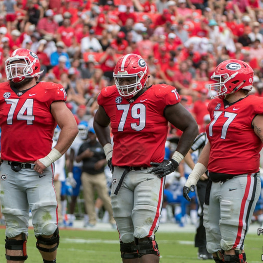 Ben Cleveland (74), Isaiah Wilson (79) and Cade Mays (77)