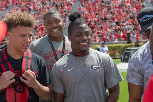 Jermaine Burton (black shirt), Travon Walker (back) and Trey Sanders (grey shirt no hat) Photo By Greg Poole/Bulldawg Illustrated