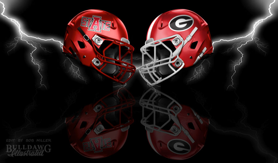 UGA vs. Arkansas State helmet graphic edit by Bob Miller