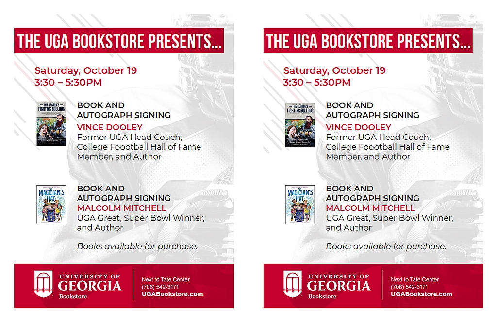 Footer AD: UGA Bookstore book and autograph signing for UK vs. UGA 2019