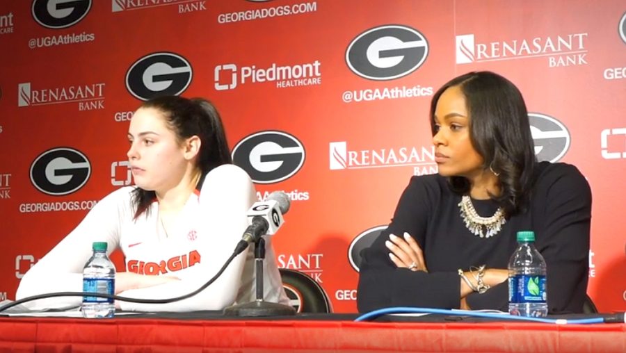 UGA women's basketball head coach Joni Taylor along with player Jenna Staiti during the Post-North Carolina A&T game interview, Wednesday, November 13, 2019