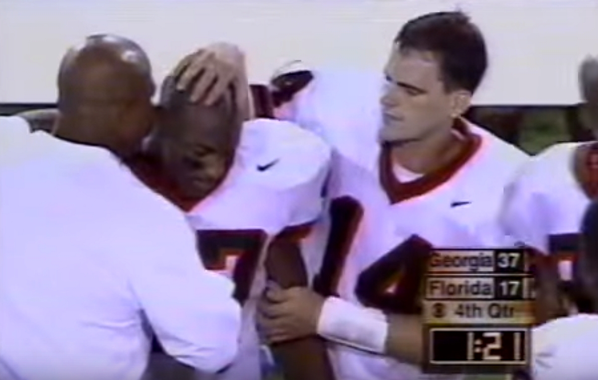 Georgia-Florida 01-NOV-1997 Robert Edwards (47) and Mike Bobo (14)(Screen capture of replay)