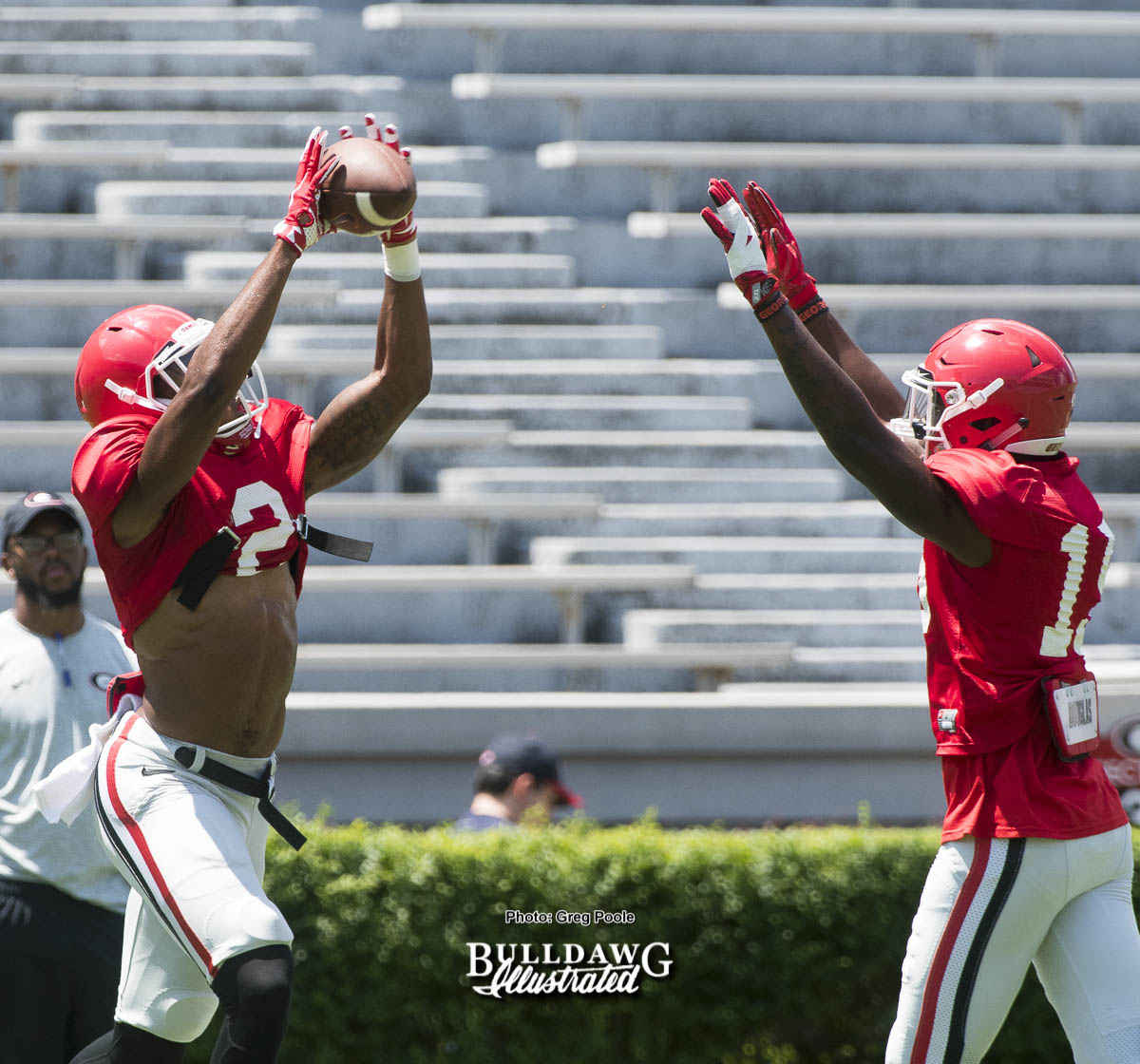 Jayson Stanley (2) makes the catch in pre-scrimmage warm-ups on Saturday