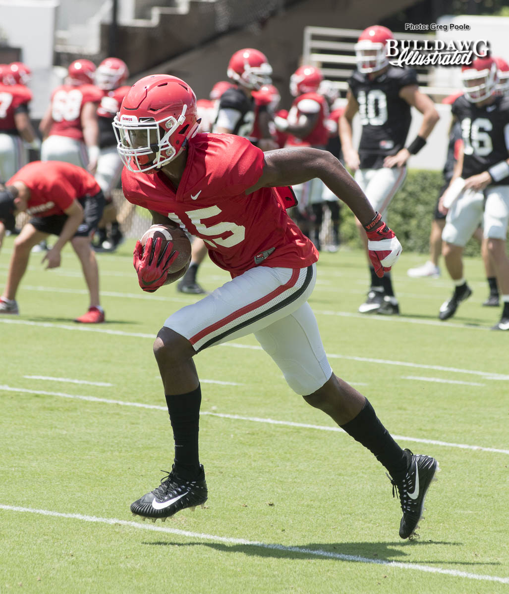 Freshman WR Matt Landers (15) - Georgia's 1st scrimmage of Fall Camp - Saturday, August 12, 2017