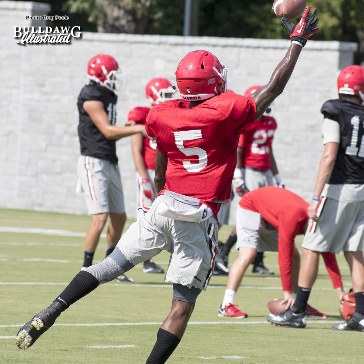 Terry Godwin (5) doing his Odell Beckham, Jr. impersonation during practice on Tuesday - UGA Fall Camp - Practice No. 20 - August 22, 2017